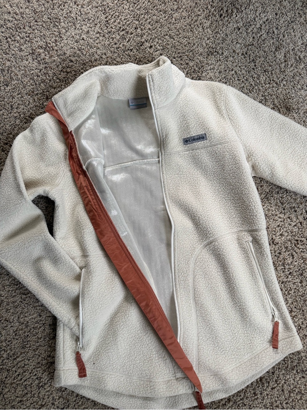 Columbia women’s S Fire Side II sherpa full zip cream with coral trim